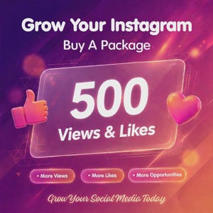 Pode incluir: Um gráfico digital com fundo degradê roxo e laranja apresentando o texto Grow Your Instagram Buy A Package. Um painel central de vidro exibe 500 Views & Likes com um ícone de polegar para cima, um coração e três botões abaixo.