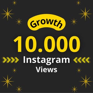 May include: A dark gray graphic featuring the yellow text Growth inside a rounded shape, the number 10.000 in large yellow font, and the white text Instagram Views. The design includes yellow arrow icons and yellow starburst shapes on the corners.