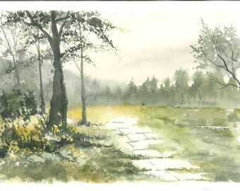 Unikat - Original Aquarell Neblige Wiese, Bauernhaus Dekor, Waldszene Naturbild