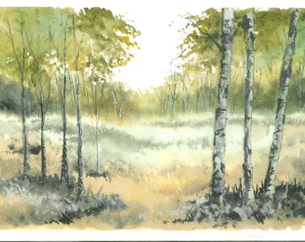 Única en su clase: pintura original en acuarela de un bosque de abedules, arte paisajístico de la naturaleza boscosa.