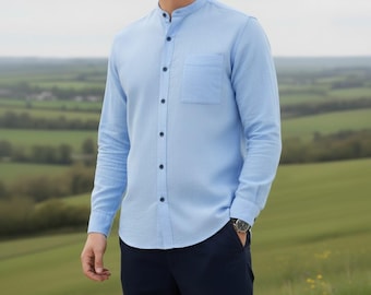 Men's Cotton Mandarin Collar Long Sleeve Shirt – Minimalist Casual Top