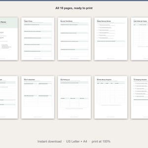 Könnte beinhalten: Ein Set aus zehn druckfertigen Seiten für einen täglichen Unternehmerplaner mit Abschnitten für Fokus, Zeitblöcke, Umsatzübersicht, Lead-Tracking, Preisgestaltung, Projektentwicklung, Ideen-Parkplatz, Finanzübersicht und Versandlisten.