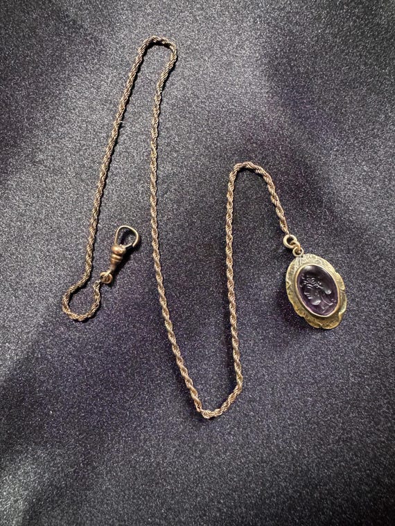 Antique S.O.B. Co Gold Filled Chain w/ Amethyst Glass Intaglio Cameo Pendant