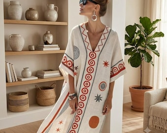 Bamboo Slub Linen Kaftan Dress, Boho Geometric Print Beach Cover-Up, Midi Tunic Resort Wear