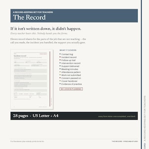 May include: A record-keeping set for teachers titled The Record, featuring 28 pages in US Letter and A4 sizes. It includes eleven record sheets for tasks like contact logs, incident records, and meeting minutes, with one completed and one blank form.