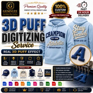 Könnte beinhalten: Ein hellblauer Kapuzenpullover mit dem Text Champion Athletic Department und Stay Focused Never Give Up. Das Bild zeigt einen 3D-Puff-Digitalisierungsservice für Stickereien mit einem blauen Buchstaben A auf Stoff und verschiedenen Symbolen.