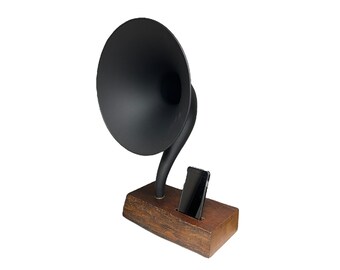 Reproduction Gramophone Speaker on a Salvaged Wood Base, Acoustic Speaker, iPhone Speaker, iPhone Amplifier, iPhone Stand, iPhone Dock