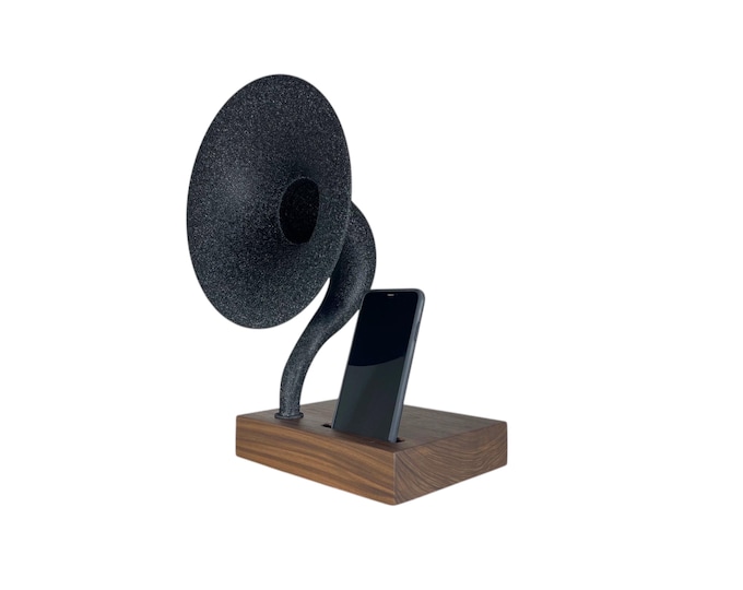Reproduction Gramophone Phone Speaker on Walnut Base, Acoustic Phone Amplifier