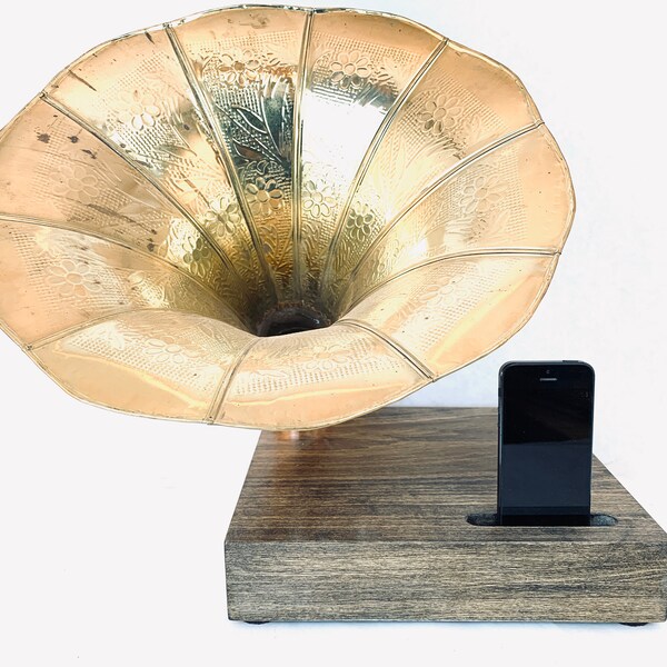 Acoustic  iPhone Speaker Dock w/ Reproduction Ornate Gold Antique Phonograph Horn Dark Walnut Stained Base