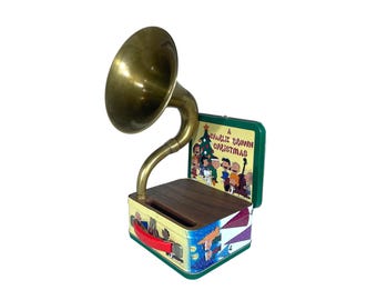 Lonchera navideña de Charlie Brown de 1998 con amplificador de teléfono, altavoz acústico para iPhone, altavoz tipo lonchera, lonchera conmemorativa de Hallmark