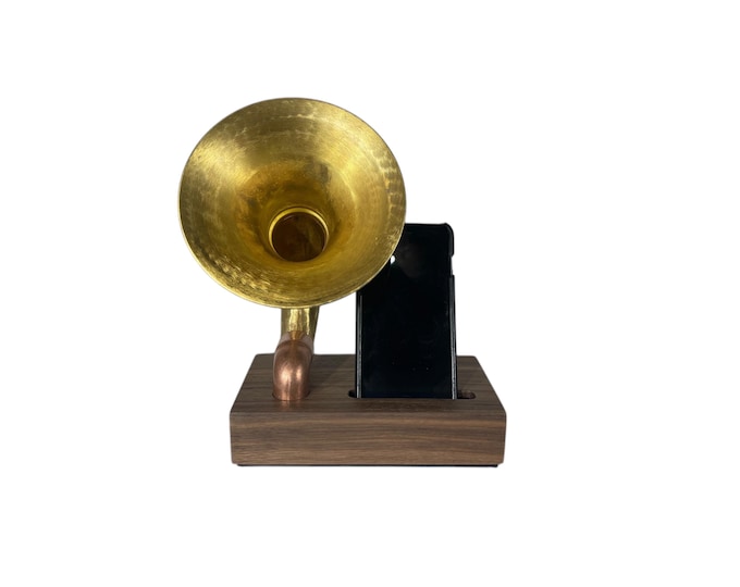 Light Patina Brass Horn Phone Amplifier, Acoustic iPhone Speaker
