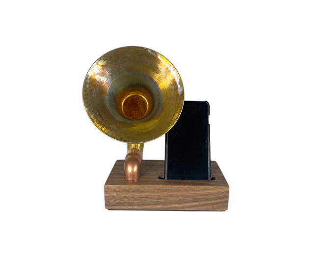 Heavy Patina Brass Horn Phone Amplifier, Acoustic iPhone Speaker