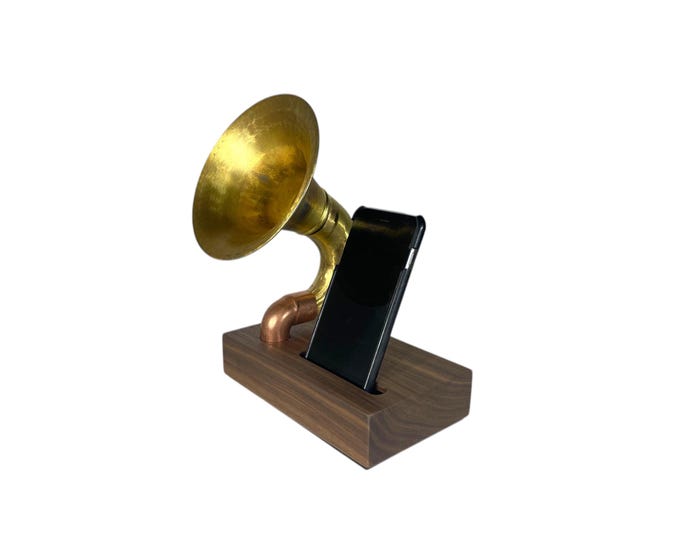 Light Patina Brass Horn Phone Amplifier, Acoustic iPhone Speaker
