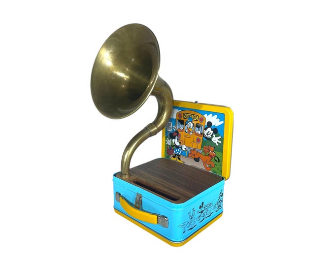 1999 Mickey Mouse LunchBox Phone Amplifier, Acoustic iPhone Speaker, Lunch Box Speaker, Hallmark Commemorative Lunchbox