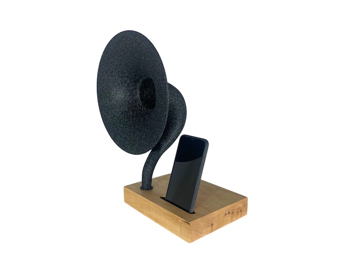 Reproduction Gramophone Phone Speaker on Maple Base, Acoustic Phone Amplifier