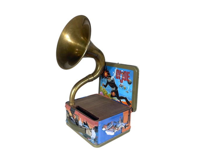 1998 G.I. Joe LunchBox Phone Amplifier, Acoustic iPhone Speaker, Lunch Box Speaker, Hallmark Commemorative Lunchbox