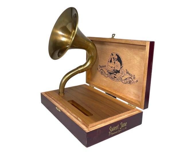 Sweet Jane Cigar Box Phone Amplifier, Acoustic iPhone Speaker, Deadwood Tobacco Company S14