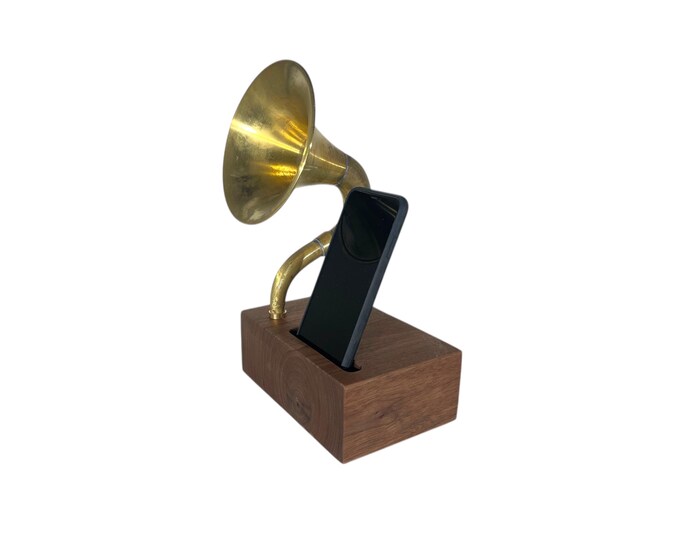 Light Patina Brass Horn Phone Amplifier, Acoustic iPhone Speaker