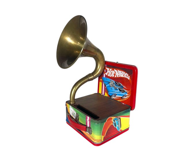 1999 Hot Wheels LunchBox Phone Amplifier, Acoustic iPhone Speaker, Lunch Box Speaker, Hallmark Commemorative Lunchbox