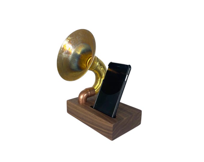 Heavy Patina Brass Horn Phone Amplifier, Acoustic iPhone Speaker