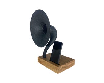 Reproduction Gramophone Phone Speaker on Oak Base, Acoustic Phone Amplifier