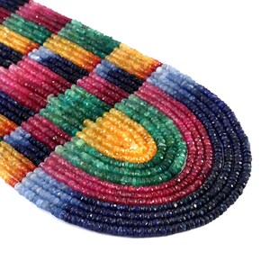 Multi Color Precious Gemstone Rondelle Beads Layered Necklace, 3mm-4mm Natural Emerald Ruby Sapphire Beaded Necklace, Indian Wedding Jewelry