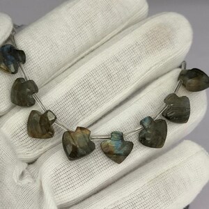 Può includere: Una fila di perline di labradorite sfaccettate a forma di piccoli cuori o scudi, caratterizzate da tonalità grigie con riflessi iridescenti blu e dorati. Le perline sono infilate su un filo sottile che termina con una nappa bianca.