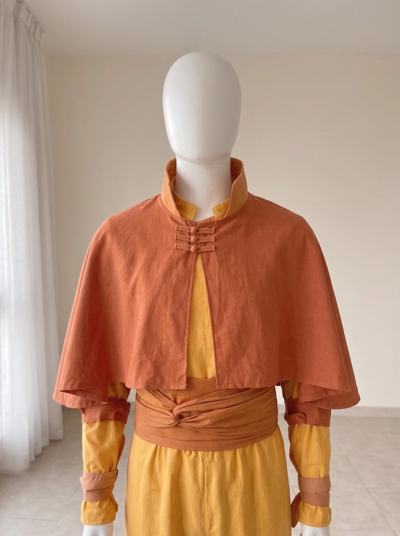 Aang Air Nomad Monk Cosplay Kostüm Full Set, Airbender Inspiriert Anime Outfit, Senf Orange Robe für Halloween & Comic Con. Bild 2