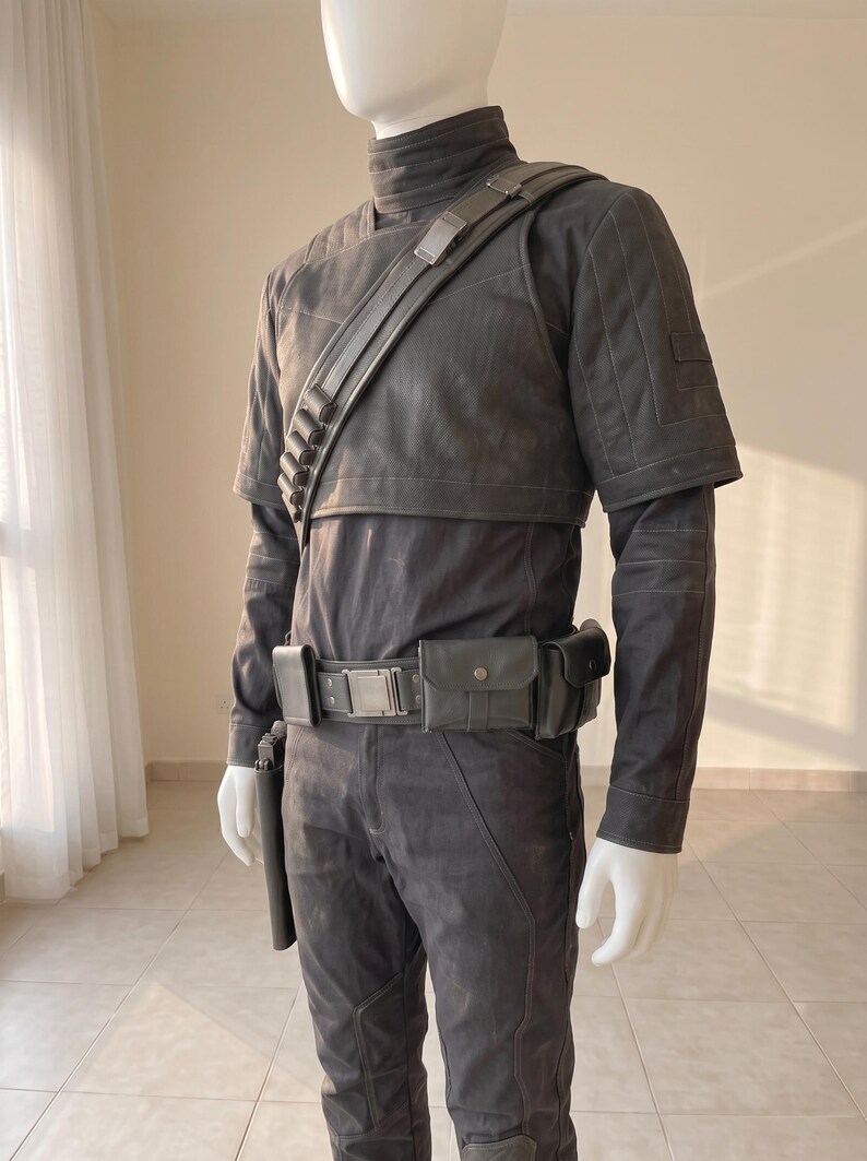 Pu&ograve; includere: Un set di costume tattico grigio scuro composto da una maglia a maniche lunghe con collo alto, uno strato superiore a maniche corte con imbottitura sulle spalle, una cintura multiuso con tasche e fibbia metallica e una tracolla diagonale.