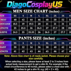 K&ouml;nnte beinhalten: Eine Gr&ouml;&szlig;entabelle f&uuml;r Jacken und Hosen von DiagoCosplayUS mit Text in Zoll. Die Tabelle listet Gr&ouml;&szlig;en von XS bis 4X mit entsprechenden Ma&szlig;en f&uuml;r Brust, Schulter, L&auml;nge, &Auml;rmel, Taille und L&auml;nge auf. Enth&auml;lt Anweisungen zur Auswahl der Gr&ouml;&szlig;e.