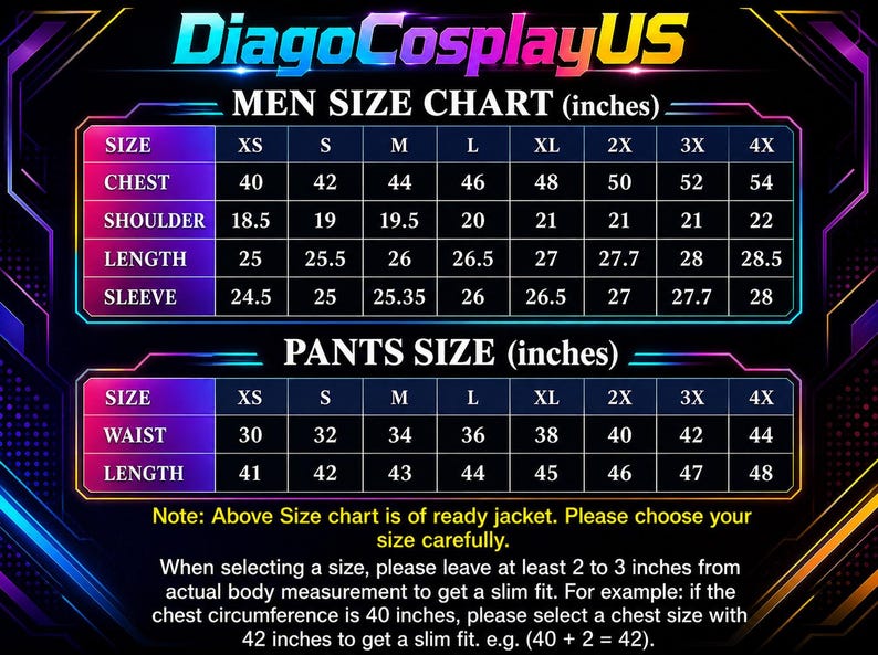 K&ouml;nnte beinhalten: Eine Gr&ouml;&szlig;entabelle f&uuml;r Jacken und Hosen von DiagoCosplayUS mit Text in Zoll. Die Tabelle listet Gr&ouml;&szlig;en von XS bis 4X mit entsprechenden Ma&szlig;en f&uuml;r Brust, Schulter, L&auml;nge, &Auml;rmel, Taille und L&auml;nge auf. Enth&auml;lt Anweisungen zur Auswahl der Gr&ouml;&szlig;e.