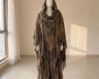 Hand-Distressed Eldritch Cultist Hooded Cloak, Dark Fantasy Ritual Robe, Wizard Sorcerer Cosplay Costume, Hooded Mantle.