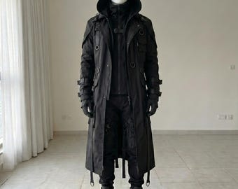Abrigo con capucha de estilo gótico técnico para hombre / Chaqueta táctica cyberpunk negra / Capa utilitaria oscura / Ropa urbana futurista para cosplay.