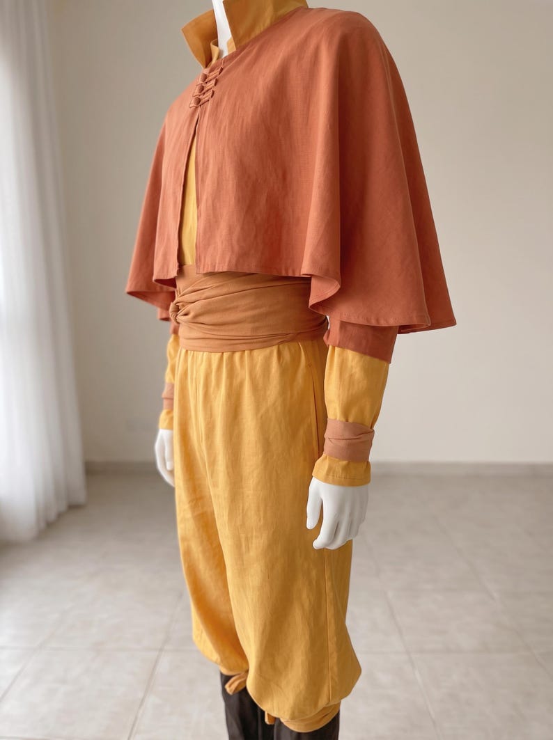 Aang Air Nomad Monk Cosplay Kostüm Full Set, Airbender Inspiriert Anime Outfit, Senf Orange Robe für Halloween & Comic Con. Bild 3
