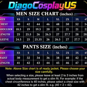 Pu&ograve; includere: Una tabella delle taglie per giacche e pantaloni di DiagoCosplayUS con testo in pollici. La tabella elenca le taglie dalla XS alla 4X con le misure per torace, spalle, lunghezza, maniche, vita e lunghezza. Include istruzioni per la scelta.