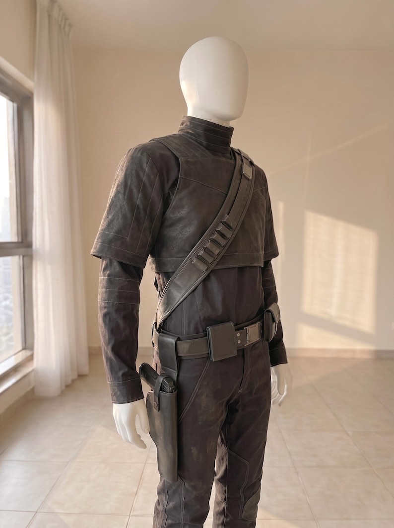 Pu&ograve; includere: Un costume grigio scuro su un manichino, composto da un top a maniche corte con collo alto, una maglia a maniche lunghe e pantaloni abbinati. Una cintura nera con fondina e una tracolla diagonale con alloggiamenti per munizioni.