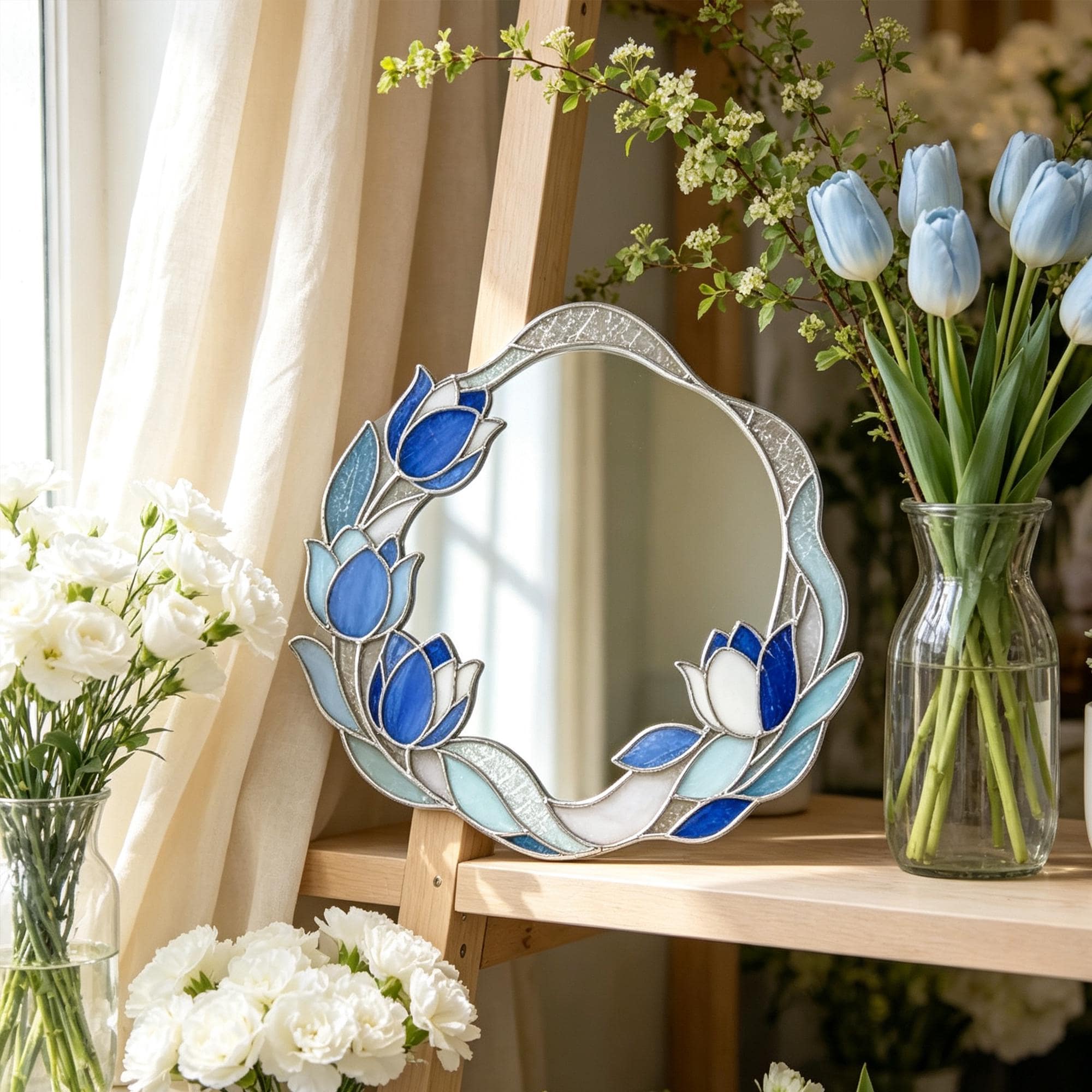 ヴィンテージ アンティークミラー　ブルー Vintage Blue Glass Mirror - Etsy