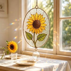 Puede incluir: Un atrapasoles de vitral ovalado que presenta un girasol amarillo con centro marrón y hojas verdes, sobre un fondo de vidrio transparente texturizado. Una esfera de cristal facetado cuelga de la parte inferior de la pieza con marco de metal.