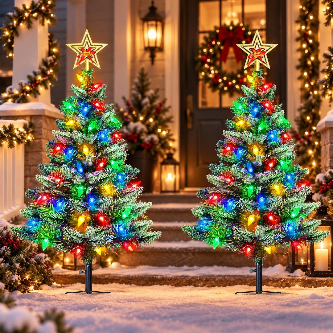 Upgraded Set of 2 Solar Christmas Tree, Outdoor Christmas Decorations ...