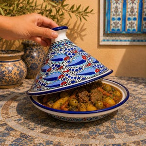 Puede incluir: Un tajine de cerámica con tapa cónica que presenta un patrón de peces azules, rojos y negros sobre fondo blanco. La base contiene un guiso de carne, patatas, zanahorias y aceitunas verdes, servido en un cuenco de cerámica ancho y poco profundo.