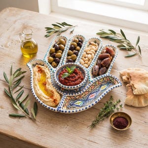Bandeja para servir Hamsa | Bandeja de cerámica pintada a mano para mezze | Plato con la Mano de Fátima | Bandeja mediterránea para servir | Regalo de inauguración de casa