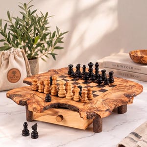 Könnte beinhalten: Ein Schachspiel mit einem Brett aus einer natürlichen Holzplatte mit Baumkante und Rindenrand, das auf vier kurzen Holzbeinen steht. Das Brett verfügt über eine integrierte Schublade mit einem runden Knopf sowie helle und dunkle Holzschachfiguren.