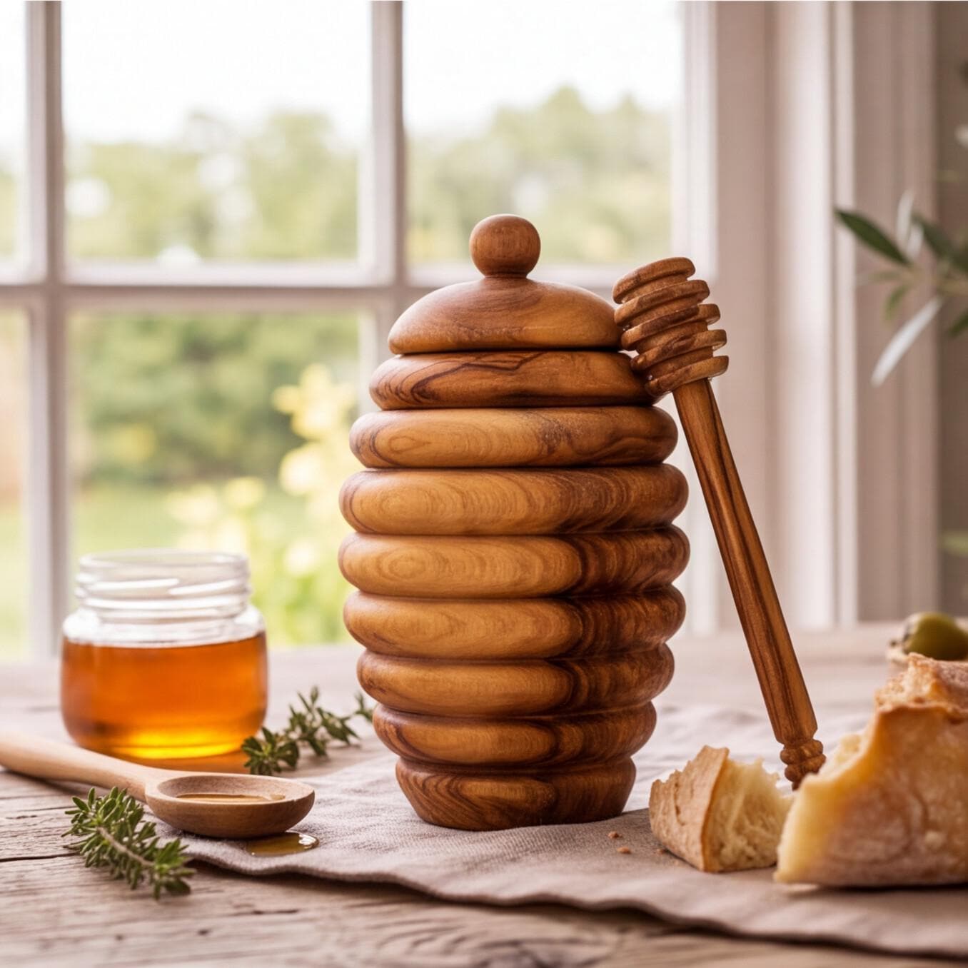 Olive Wood Honey Pot with Dipper Handmade Honey Jar with Lid Rustic Kitchen Decor Bee Lover Gift