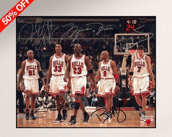 Signed Chicago Bulls 1990s Champions Poster Print, Jordan, Pippen, Rodman Basketball Art