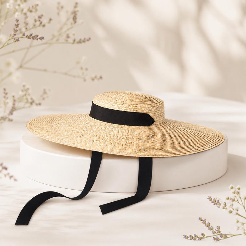 Wide Brim Boater Hat for Women, French Riviera Straw Sun Hat, Ribbon Beach Hat, Kentucky Derby Hat, Old Money Style