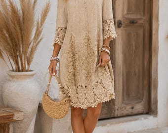 Lace Midi Dress, Boho Embroidered Dress, Vintage V Neck Button Up Dress, Cottagecore Summer Dress, Crochet Lace Dress
