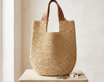 Large Woven Straw Tote Bag, Beach Shoulder Bag, Boho Summer Market Tote, Leather Handle Handbag, Vacation Travel Carryall