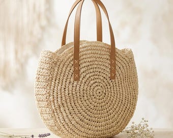 Large Round Straw Tote Bag, Woven Beach Bag, Boho Summer Shoulder Bag, Handmade Market Tote, Vacation Travel Purse
