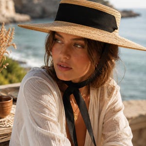 Wide Brim Boater Hat for Women, French Riviera Straw Sun Hat, Ribbon Beach Hat, Kentucky Derby Hat, Old Money Style