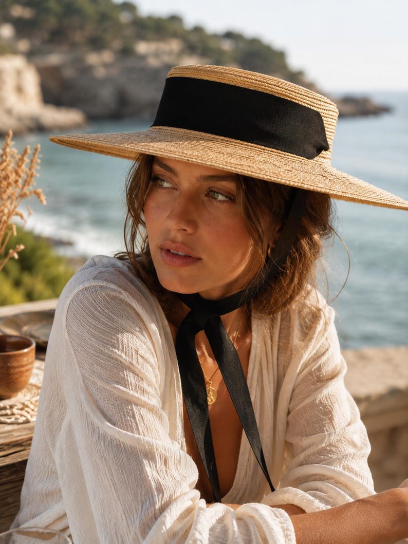 Wide Brim Boater Hat for Women, French Riviera Straw Sun Hat, Ribbon Beach Hat, Kentucky Derby Hat, Old Money Style